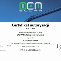 Certyfikat autoryzacji firmy EKOPARK Wojciech Trawiński do montażu instalacji solarnych firmy OEM Solar Sp. z o.o., wydany 12.11.2014 w Zaczerniu.