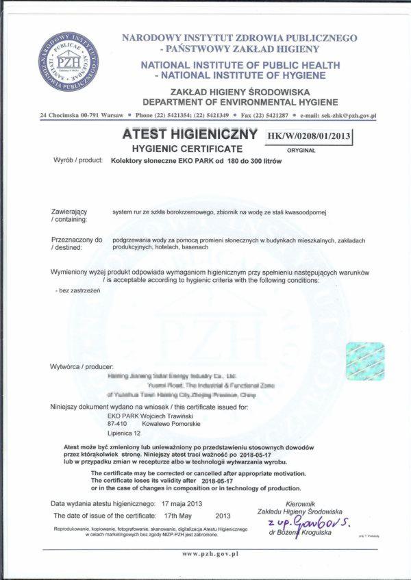 Skan atestu higienicznego z 2013 roku wydanego przez Narodowy Instytut Zdrowia Publicznego dla kolektorów słonecznych EKO PARK (180-300l).