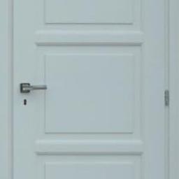 Mp Drzwi - Białe drzwi wewnętrzne z trzema panelami i srebrną klamką. Minimalistyczny design, proste linie, nowoczesny styl. Widoczne zawiasy i zamek.