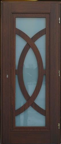 Eleganckie drzwi z ciemnego drewna z matową szybą i ozdobnym motywem krzyżujących się elips, widok z przodu, delikatne oświetlenie.