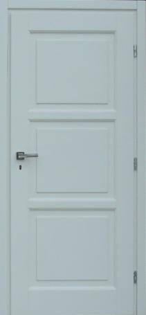 Białe drzwi wewnętrzne z trzema panelami i srebrną klamką. Minimalistyczny design, proste linie, nowoczesny styl. Widoczne zawiasy i zamek.