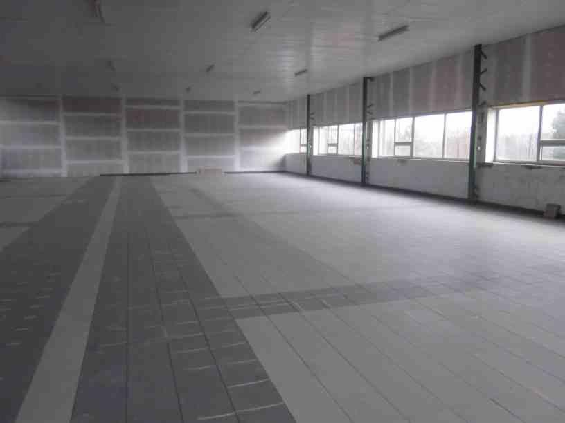 Pusta hala magazynowa z betonową podłogą w odcieniach szarości, rzędem okien wzdłuż ściany i widocznymi elementami konstrukcyjnymi.