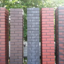 Wysokie słupki z cegły klinkierowej w odcieniach czerwieni, brązu i szarości prezentowane na tle zieleni, prawdopodobnie jako element ogrodzenia.