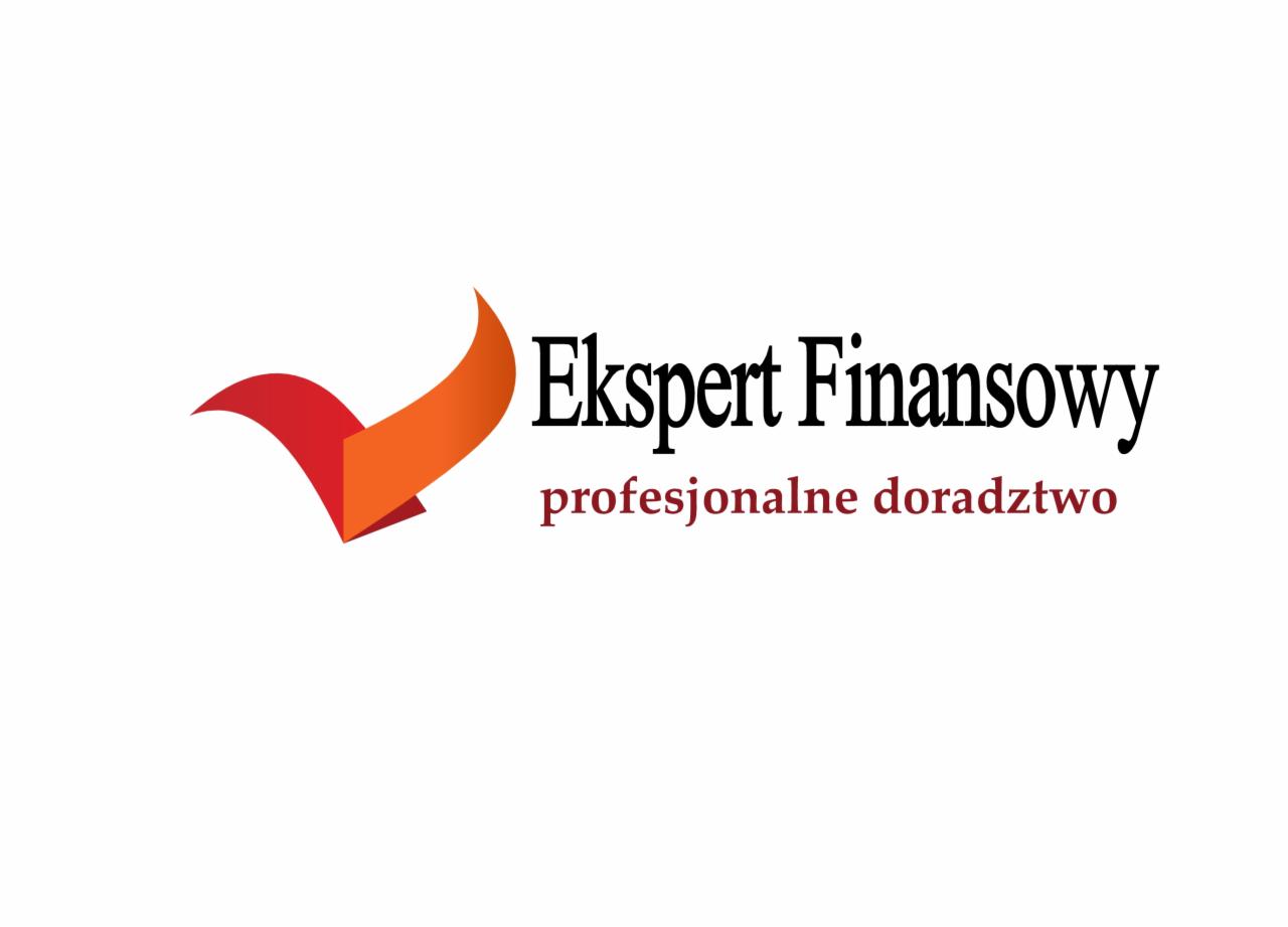 Logo firmy Ekspert Finansowy z pomarańczowo-czerwonym symbolem i napisem 'profesjonalne doradztwo' na białym tle. Minimalistyczny design.