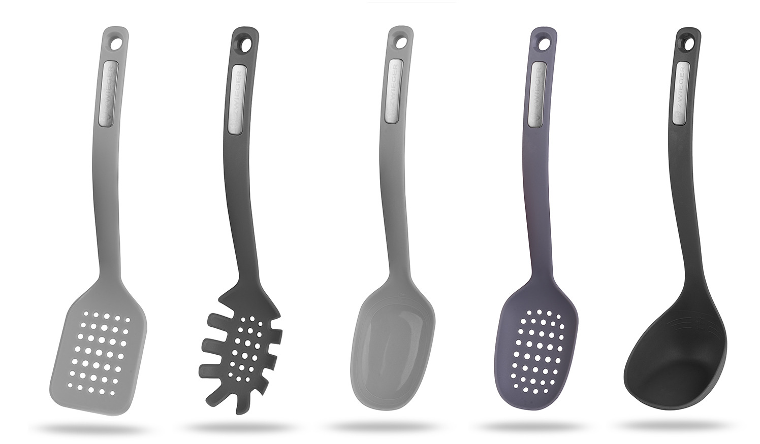 Pięć różnych szpatułek i łyżek kuchennych marki Zwilling w odcieniach szarości, od jasnej do ciemnej, z logo na rękojeści, ustawionych obok siebie na białym tle z delikatnym cieniem.