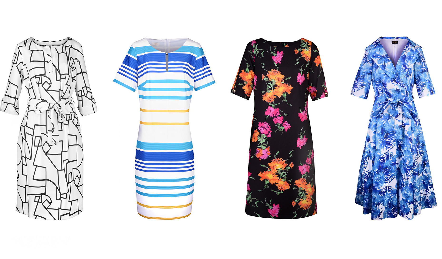 Cztery sukienki damskie na białym tle: biała z czarnym geometrycznym wzorem, biała w niebieskie i żółte paski, czarna w pomarańczowe i różowe kwiaty, niebieska w białe kwiaty z wiązaniem w pasie.