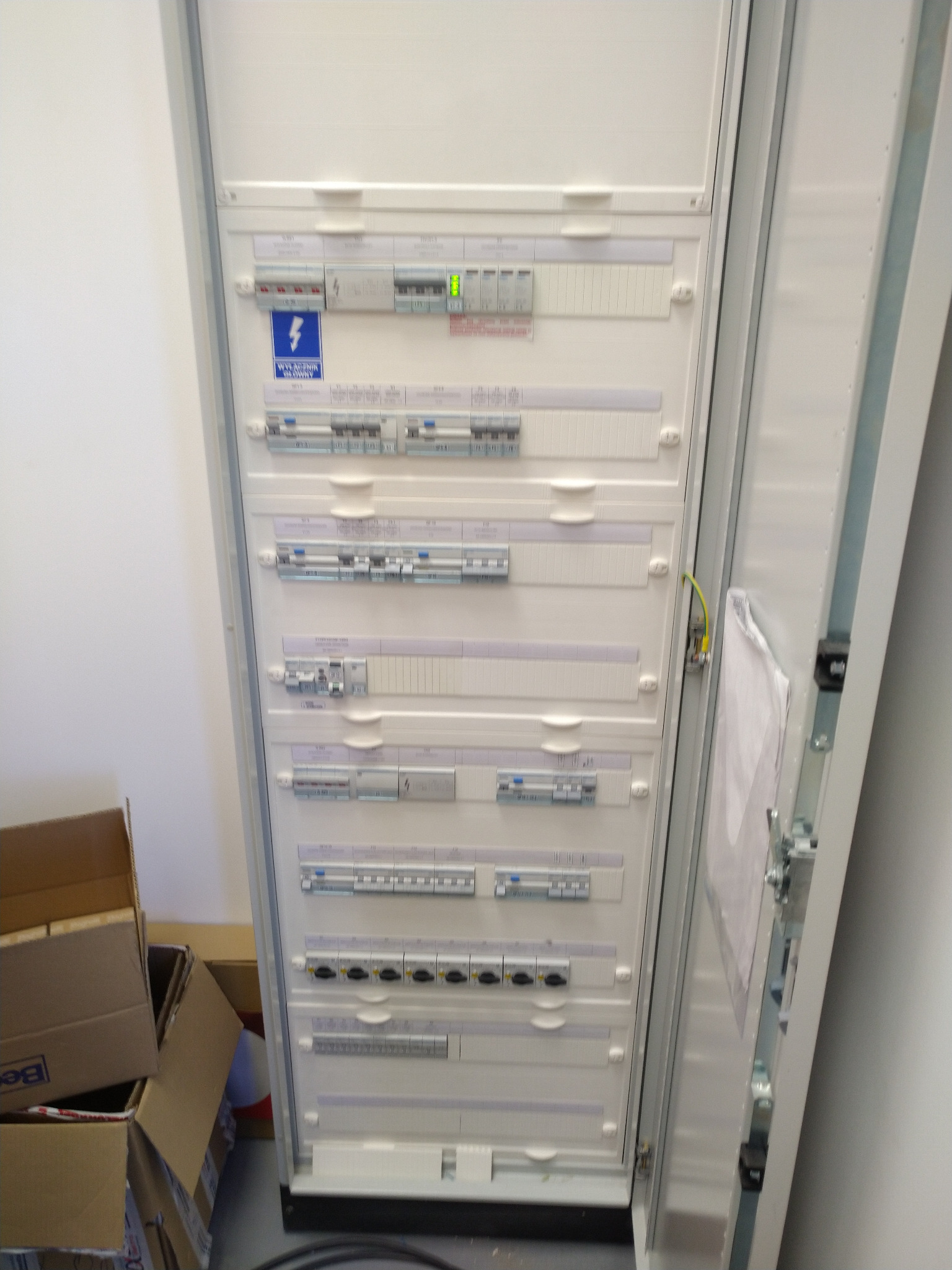 Otwarta szafa elektryczna z widocznymi bezpiecznikami, wyłącznikami i oznaczeniami, z widocznym przewodem uziemiającym i kartonami w tle.