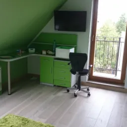 Pokój na poddaszu z zielonymi ścianami, biurkiem i szafkami. Na podłodze panele i karton po telewizorze Toshiba. Widok na balkon przez okno.