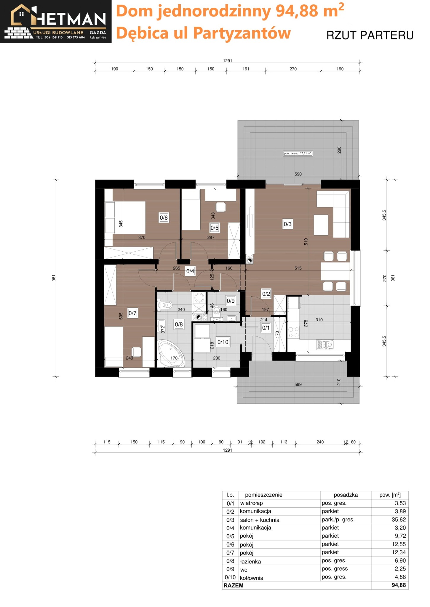 Rzut parteru domu jednorodzinnego o powierzchni 94,88 m2, z podziałem na pomieszczenia i ich metrażem, w tym salon z kuchnią, pokoje, łazienka, WC i kotłownia. Widoczny taras o powierzchni 17,11 m2.