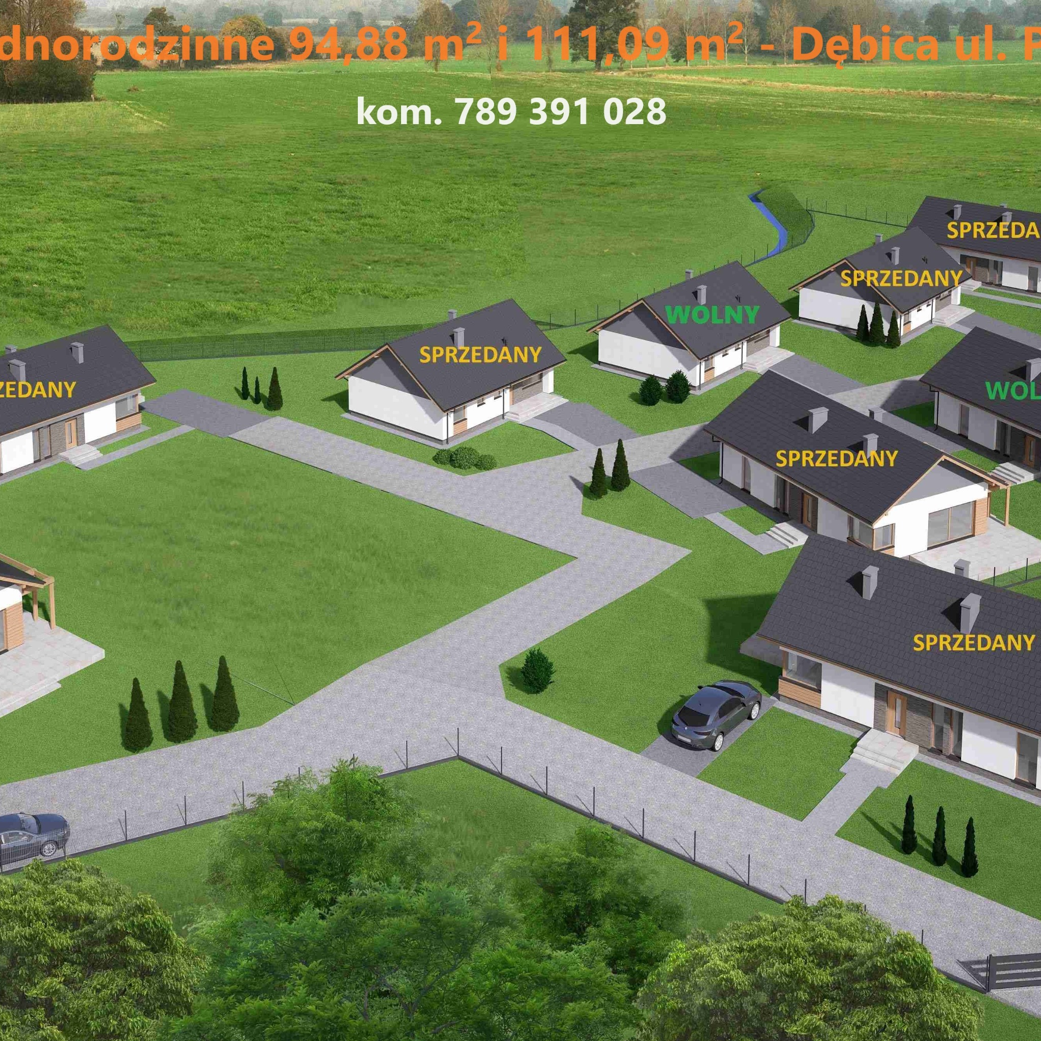 Wizualizacja osiedla domów jednorodzinnych z szarymi dachami i białymi elewacjami, z napisami 'SPRZEDANY' i 'WOLNY' na niektórych budynkach, widok z lotu ptaka na zielone trawniki, szare podjazdy...