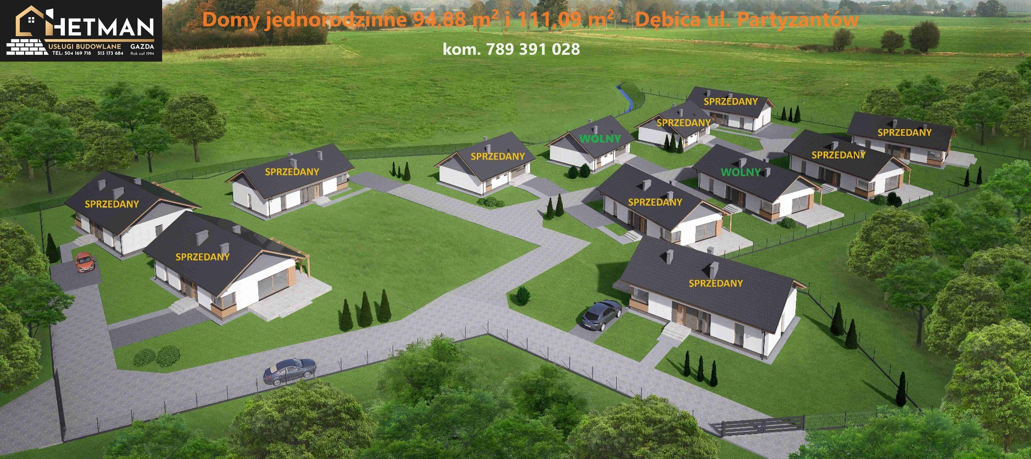 Wizualizacja osiedla domów jednorodzinnych z szarymi dachami i białymi elewacjami, z napisem 'SPRZEDANY' lub 'WOLNY' na każdym domu, otoczonego zielenią i ogrodzeniem.