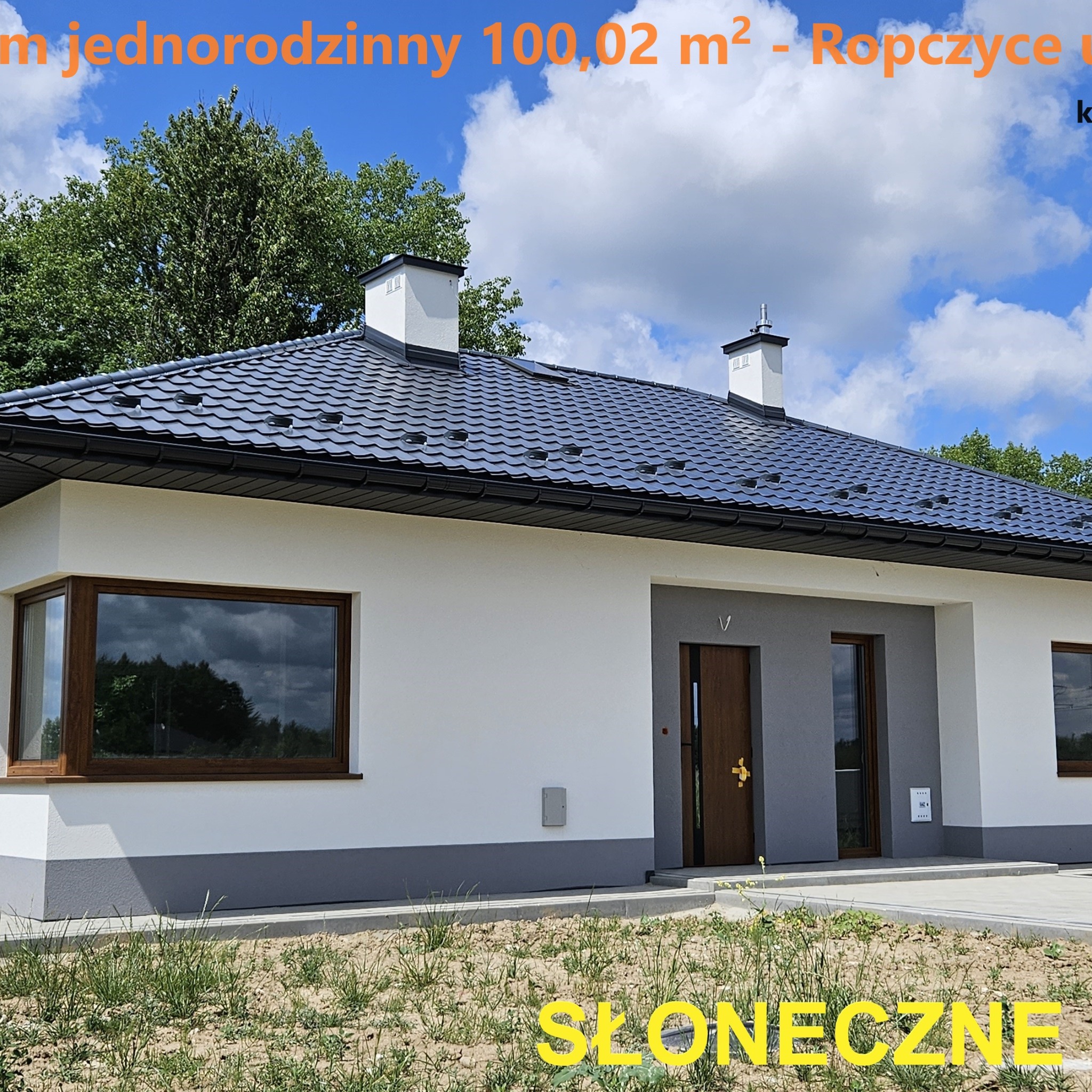 Nowoczesny dom jednorodzinny z ciemną dachówką, białymi ścianami i szarym cokołem, widoczne okna z brązowymi ramami, trawa przed domem.