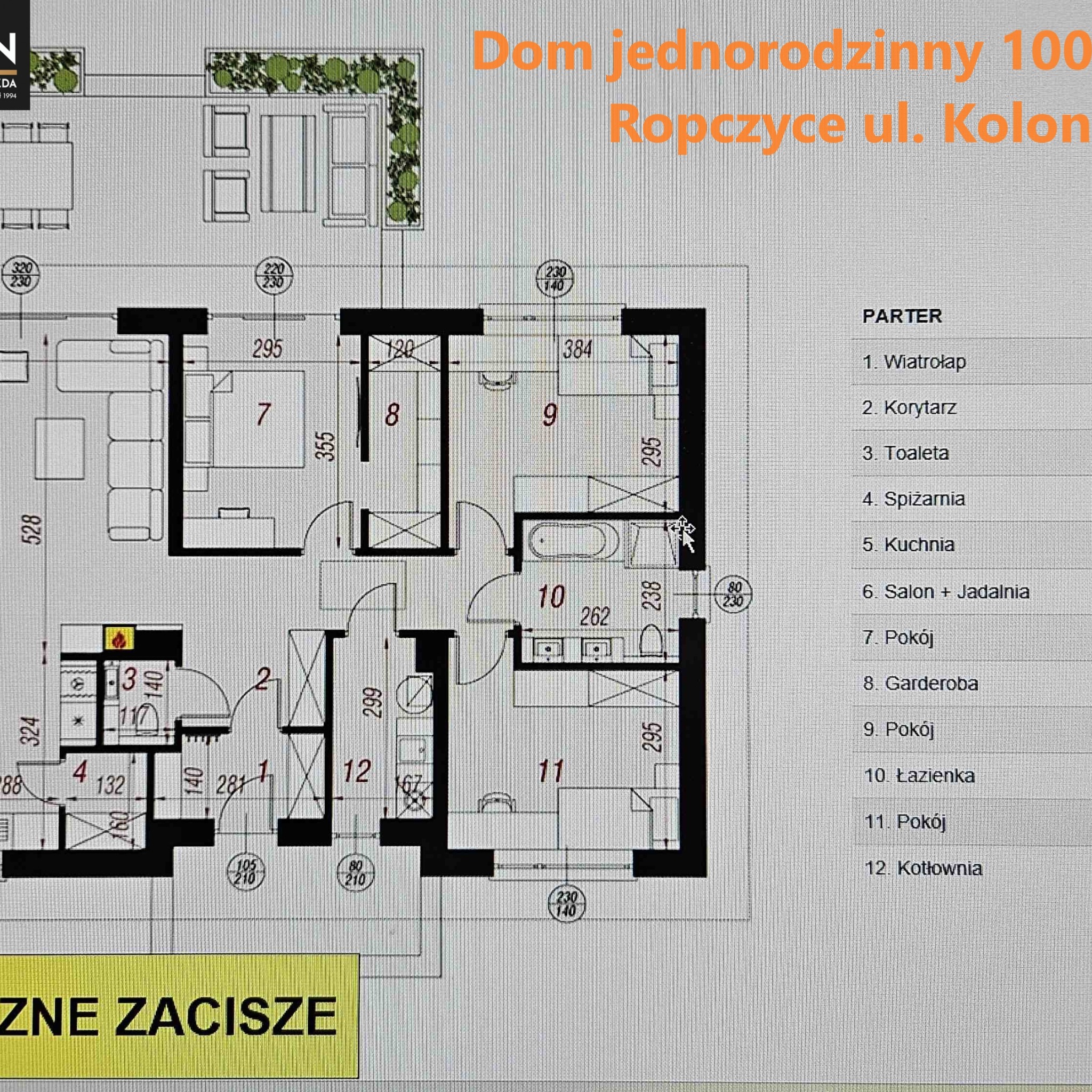 Plan parteru domu jednorodzinnego w Dębicy, z zaznaczonym układem pomieszczeń i wymiarami.