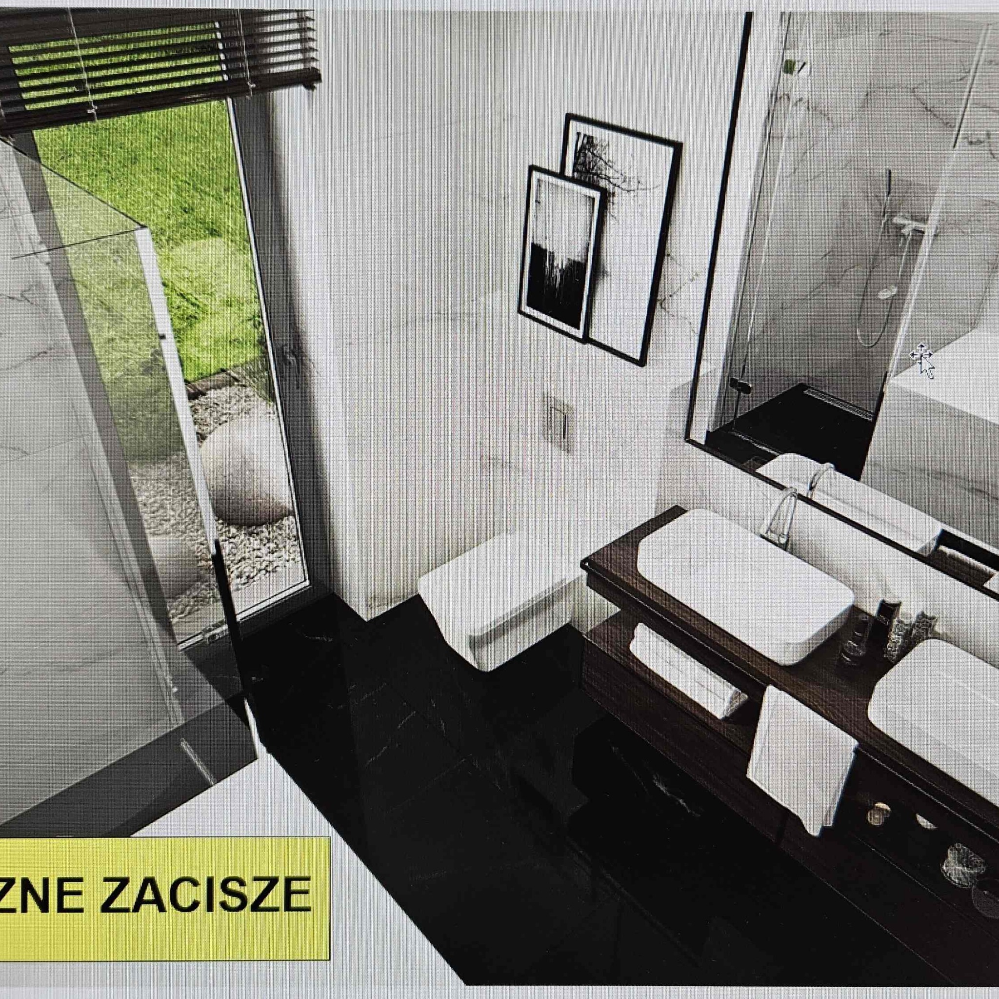 Wizualizacja nowoczesnej łazienki z marmurowymi płytkami, czarną podłogą, podwójną umywalką na drewnianym blacie i widokiem na ogród za szklaną ścianą prysznica.