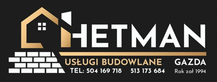 Logo firmy budowlanej Hetman z elementami graficznymi domu i muru z cegieł, Usługi Budowlane Gazda, telefony kontaktowe i rok założenia 1994.
