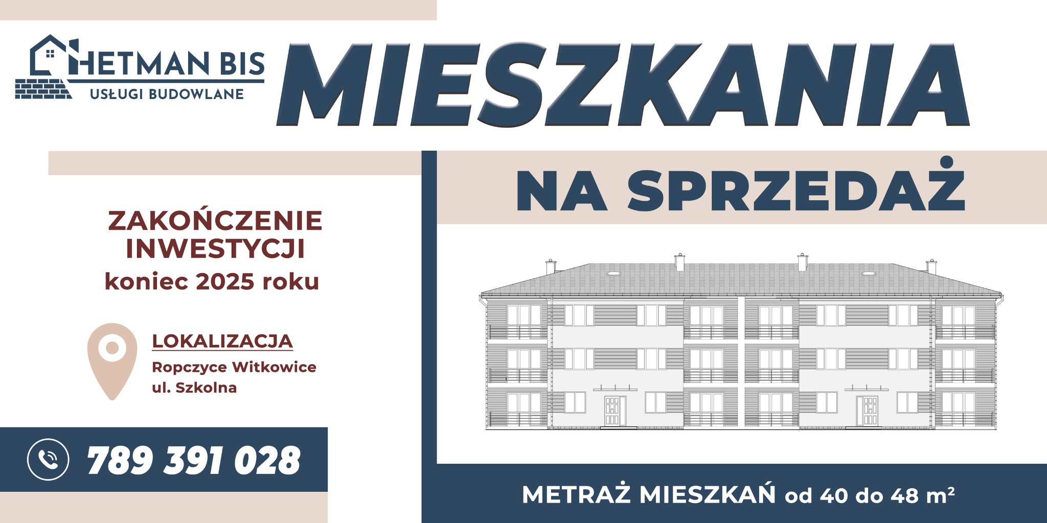 Grafika reklamowa z wizualizacją budynku wielorodzinnego z informacją o zakończeniu inwestycji w 2025 roku, lokalizacji i metrażu mieszkań na sprzedaż.