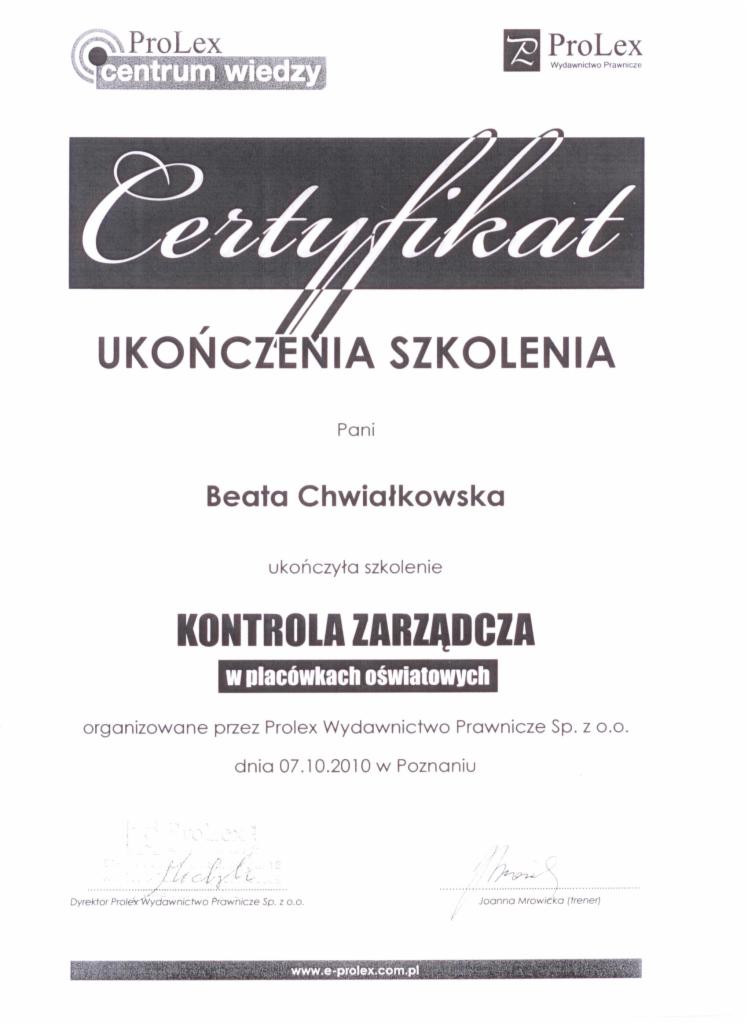 certyfikat - kontrola zarządcza