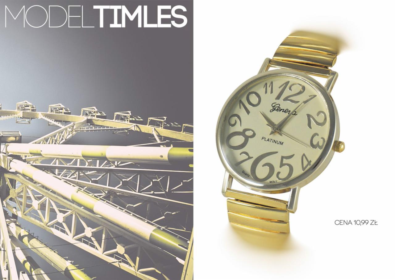 Złoty zegarek damski na bransolecie z kontrastowymi, dużymi cyframi na tarczy, na tle fragmentu diabelskiego młyna.