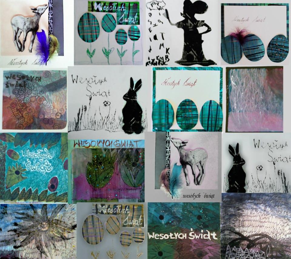 Kolaż z różnorodnych, ręcznie robionych kartek świątecznych z motywami wielkanocnymi: baranek, zajączek, pisanki, kwiaty i napisy 'Wesołych Świąt'.