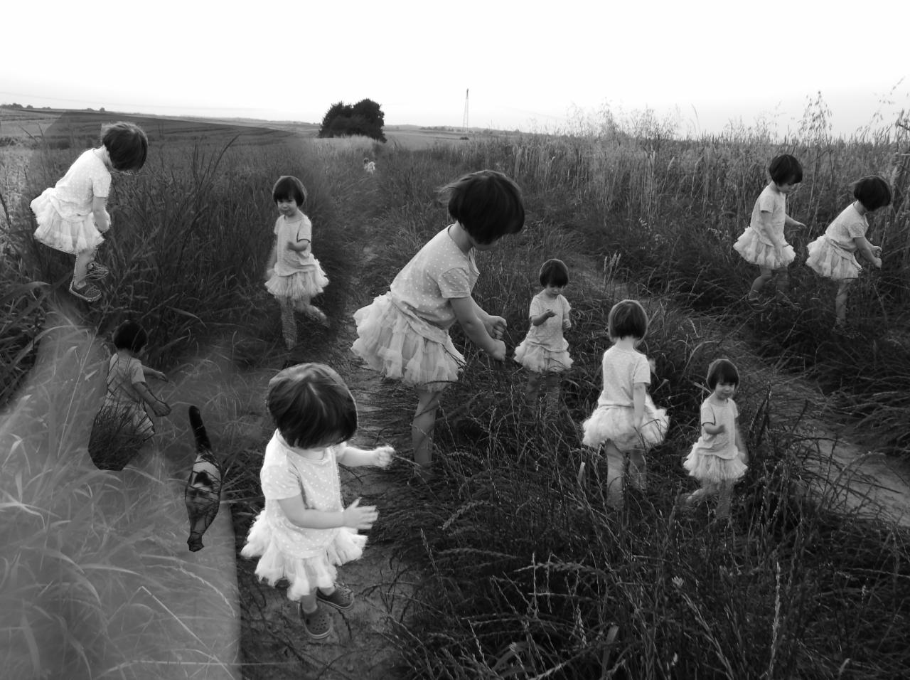 Czarno-białe, artystyczne zdjęcie dziewczynki w tiulowej spódniczce, powielonej w różnych pozach na tle łąki z wysoką trawą, tworzące surrealistyczny krajobraz dzieciństwa.