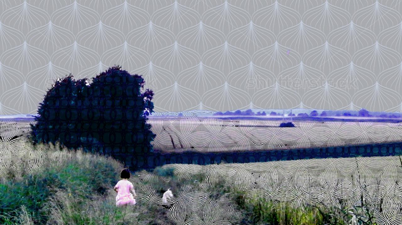 Dziewczynka w różowej sukience idzie przez łąkę w kierunku drzewa. W tle wzorzyste niebo i odległy horyzont. Grafika z nałożonymi wzorami.