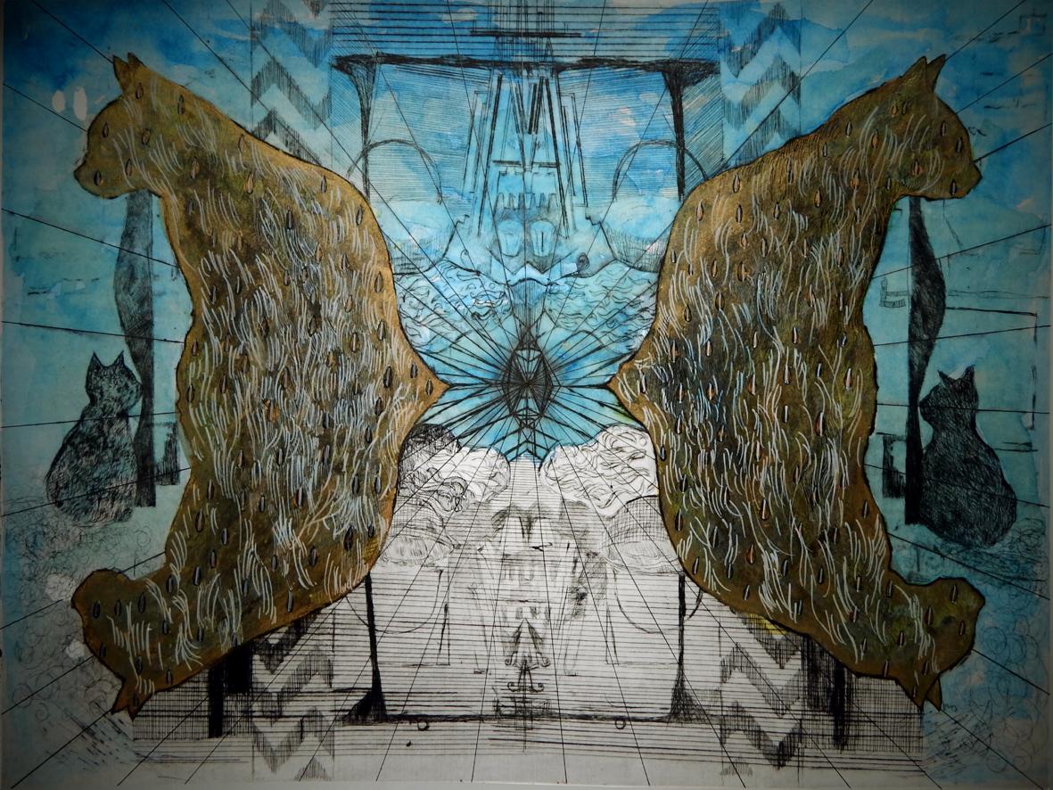 Grafika: symetryczne postacie przypominające koty w brązowo-złotej tonacji, na tle błękitnych abstrakcyjnych kształtów i geometrycznych wzorów. Widoczne czarne sylwetki kotów.