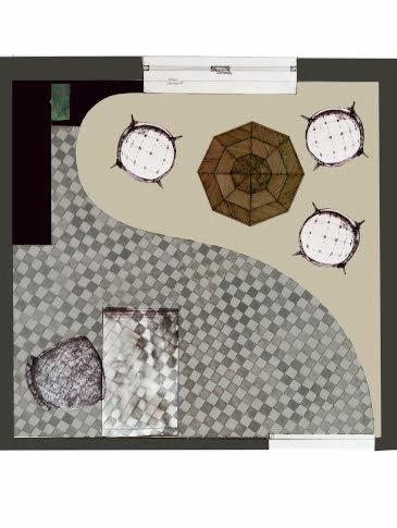 Rzut z góry na plan aranżacji wnętrza z kwadratową podłogą w szachownicę, okrągłym stolikiem i krzesłami na beżowym tle, nad nim okno.