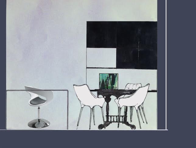 Szkic wnętrza: stół z krzesłami w stylu retro, nowoczesne krzesło barowe, minimalistyczny obraz na ścianie. Projekt z elementami vintage i nowoczesnymi.