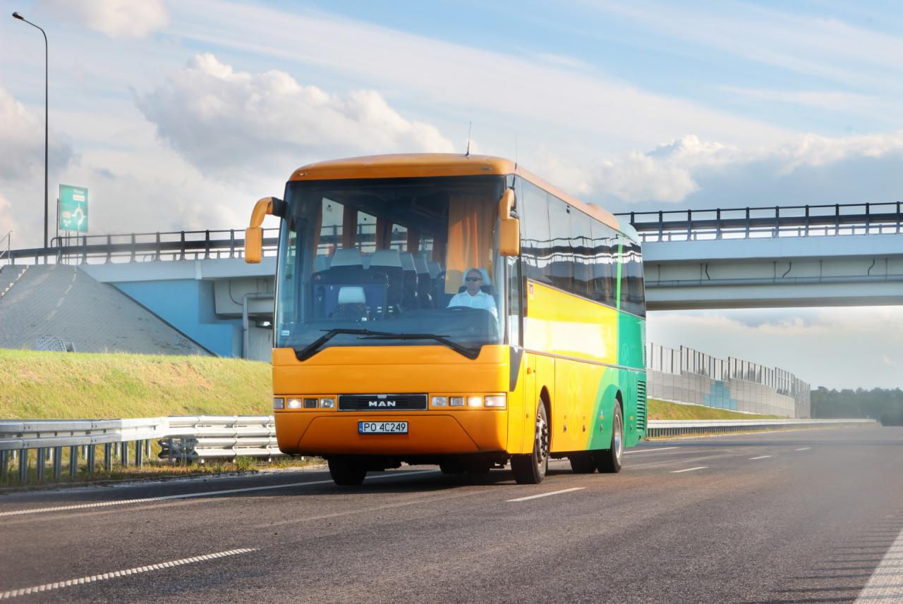 Żółto-zielony autobus MAN na autostradzie, widok z przodu, kierowca w okularach. W tle błękitne niebo i wiadukt. Tablica rejestracyjna widoczna.