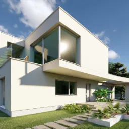 Wizualizacja nowoczesnego, dwukondygnacyjnego domu z płaskim dachem, dużymi przeszkleniami i czerwonym sportowym samochodem zaparkowanym obok.