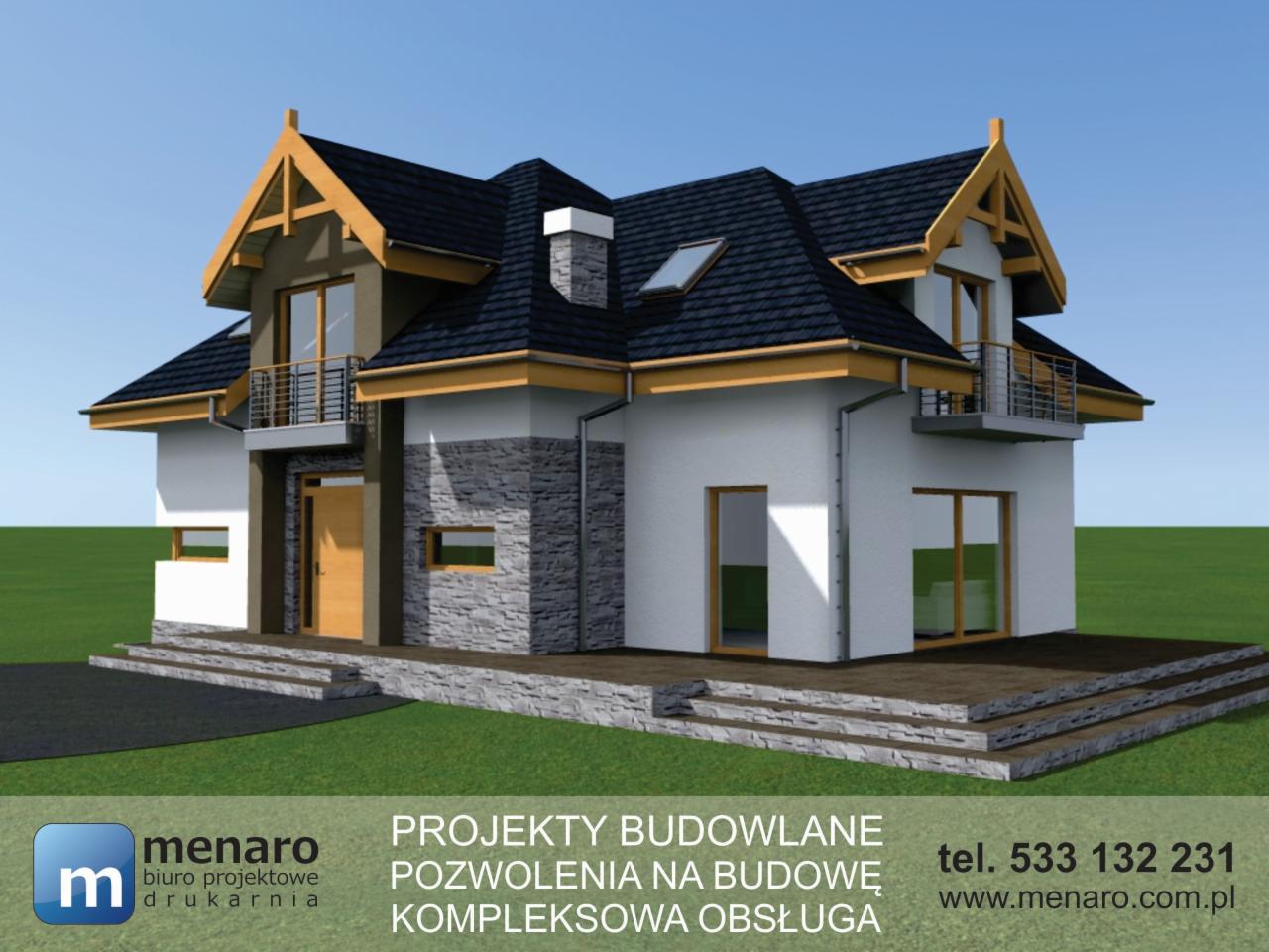 Wizualizacja 3D projektu domu dwukondygnacyjnego z balkonem, wykończonego elementami z kamienia i drewna, na tle zielonego trawnika.