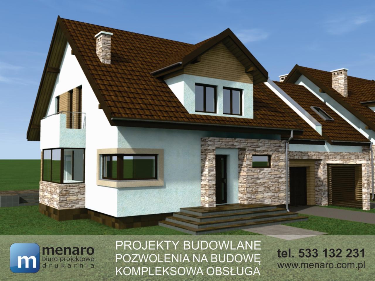 Wizualizacja projektu domu jednorodzinnego z brązowym dachem, elewacją w kolorze jasnego błękitu i fragmentami wykończonymi kamieniem dekoracyjnym, widoczny z przodu i boku, z uwzględnieniem...