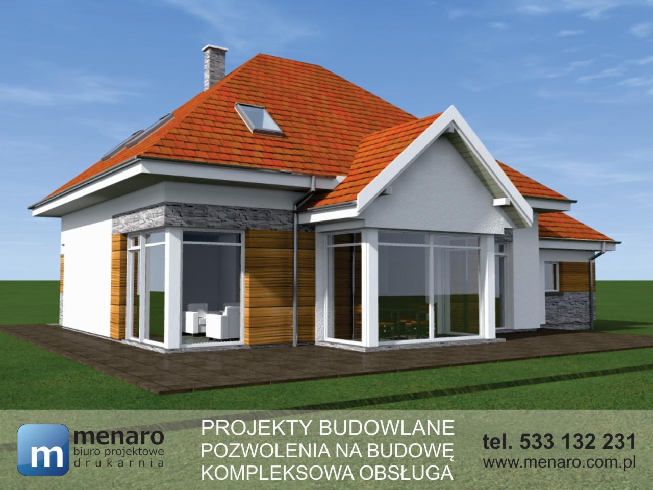 Wizualizacja projektu domu jednorodzinnego z czerwonym dachem, dużymi oknami i elementami wykończenia z drewna i kamienia, prezentowana z perspektywy lekko z dołu.