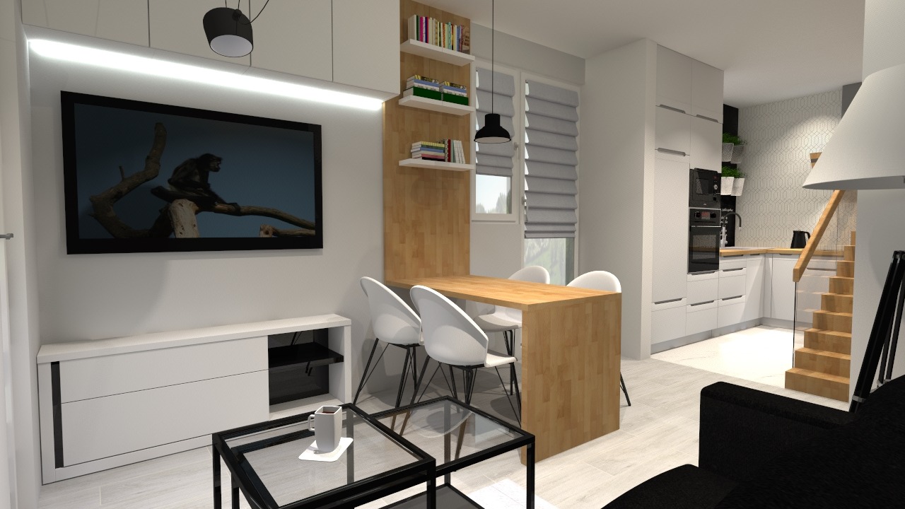 Wizualizacja nowoczesnego salonu z telewizorem, drewnianym stołem i białymi krzesłami, minimalistycznymi półkami z książkami, oraz kuchnią w tle z drewnianymi schodami.