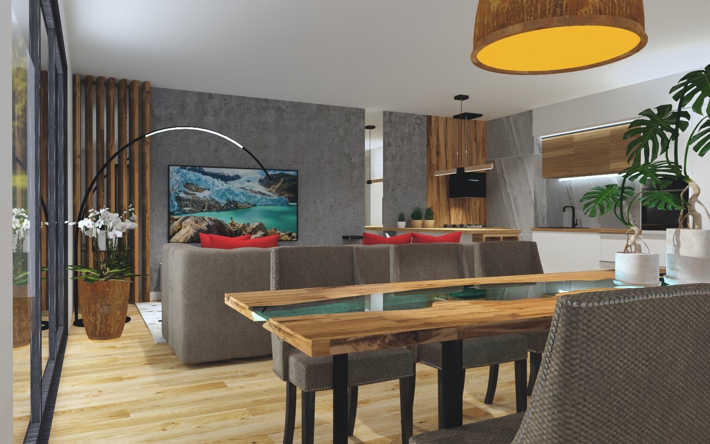 Nowoczesne wnętrze salonu z jadalnią w Wałbrzychu, z drewnianym stołem z szklanym blatem, szarymi krzesłami, betonową ścianą, drewnianymi lamelami i obrazem górskiego krajobrazu.