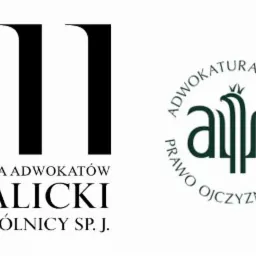Logotyp Spółki Adwokatów Malicki i Wspólnicy SP. J. obok logo Adwokatury Polskiej z napisem Prawo Ojczyzna Honor. Grafika w kolorach czerni i zieleni na białym tle.