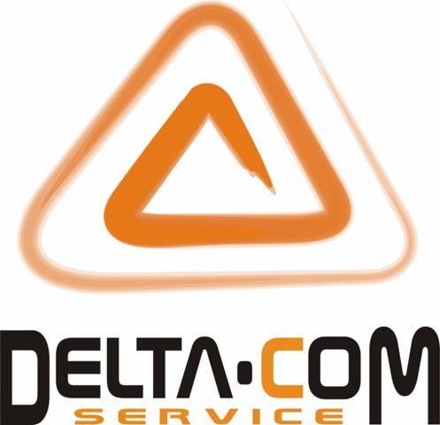 Logo firmy Delta-Com Service z pomarańczowym, stylizowanym trójkątem i napisem w kolorach czarnym i pomarańczowym.