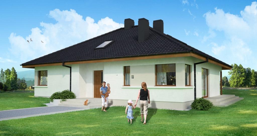 Wizualizacja parterowego domu z keramzytu z czarnym dachem i trzema kominami, rodzina spacerująca po trawniku, kot siedzący na schodach.