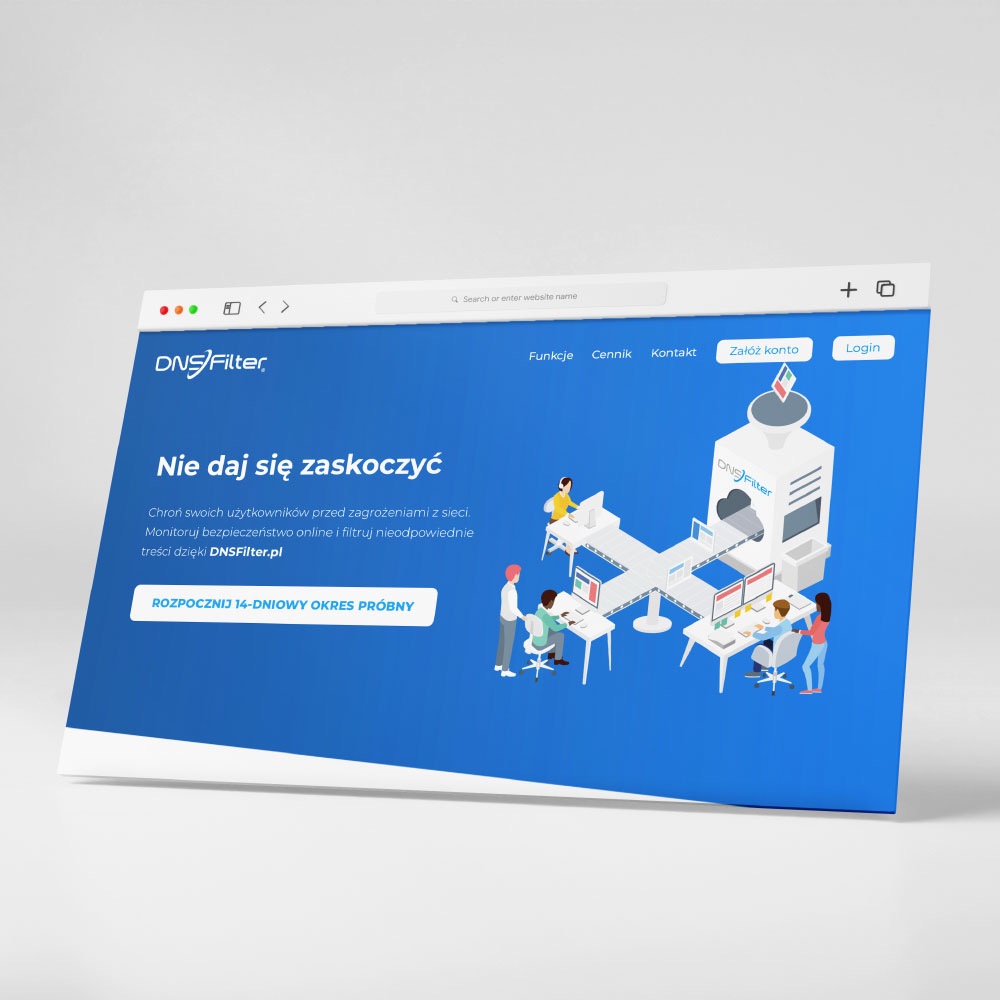 Ilustracja koncepcji bezpieczeństwa online na ekranie komputera, przedstawiająca schemat filtrowania danych przez DNSFilter.pl, z tekstem 'Nie daj się zaskoczyć' i przyciskiem 'Rozpocznij 14-dniowy...