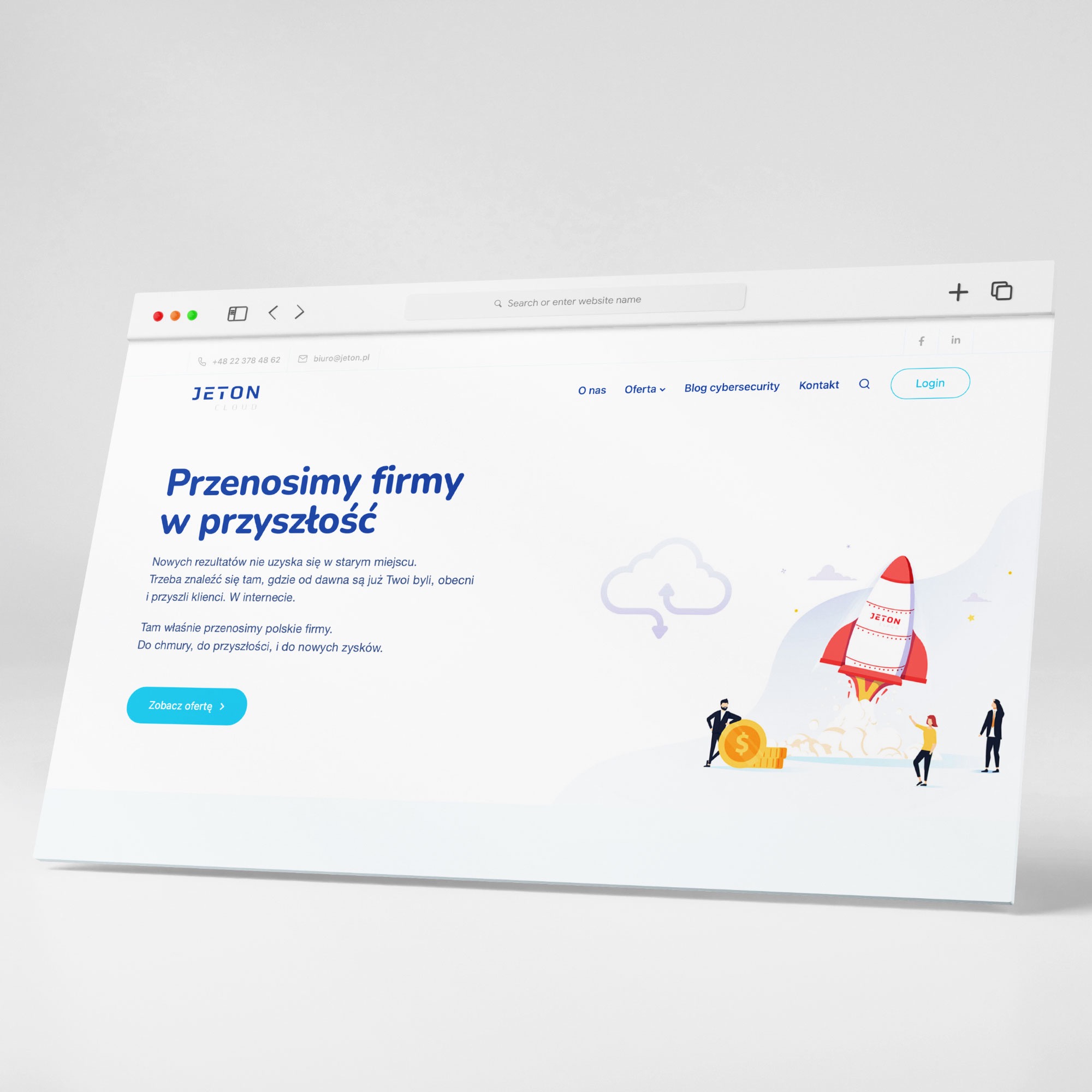 Mockup strony internetowej z hasłem 'Przenosimy firmy w przyszłość', ilustracją rakiety i postaci biznesowych, wyświetlany w przeglądarce z minimalistycznym interfejsem.
