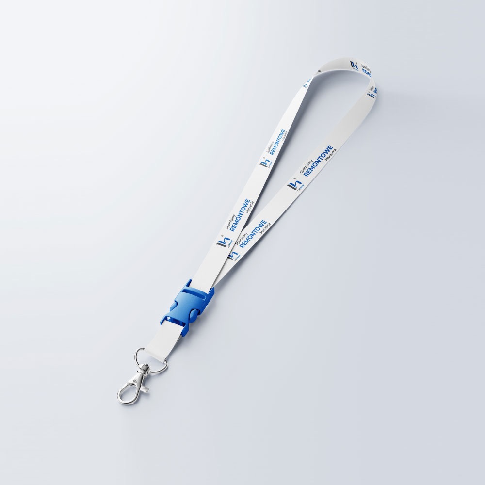 Biała smycz z niebieskim zapięciem i karabińczykiem, z nadrukowanym logo i nazwą 'Spółdzielny Remontowe Morantia' na jasnym tle.