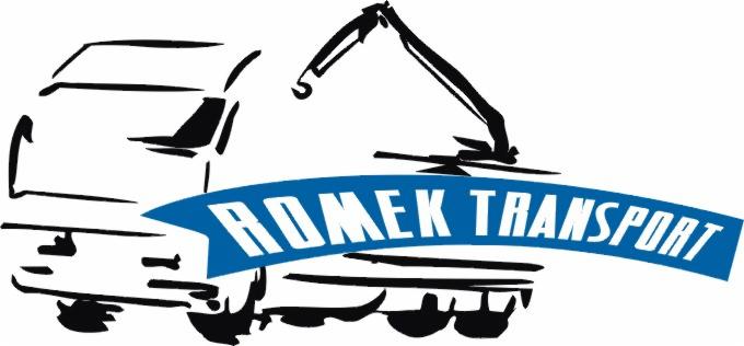 Szkicowy logotyp firmy transportowej ROMEX TRANSPORT przedstawiający ciężarówkę z dźwigiem.
