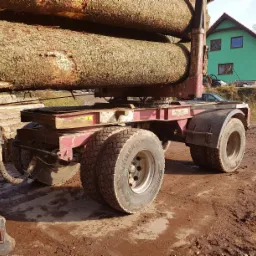 Ciężarówka z przyczepą transportuje kłody drewna, w tle zielony dom na wzgórzu, błotniste podłoże.