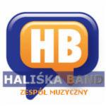 Logo zespołu muzycznego Haliśka Band z inicjałami HB w pomarańczowej ramce umieszczonymi w niebieskim dymku.