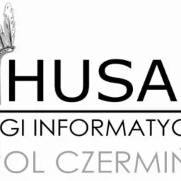 Logo firmy informatycznej Husar z pióropuszem, nazwa firmy nad napisem 'Usługi Informatyczne Karol Czermiński' w kolorach czerni i szarości na białym tle.
