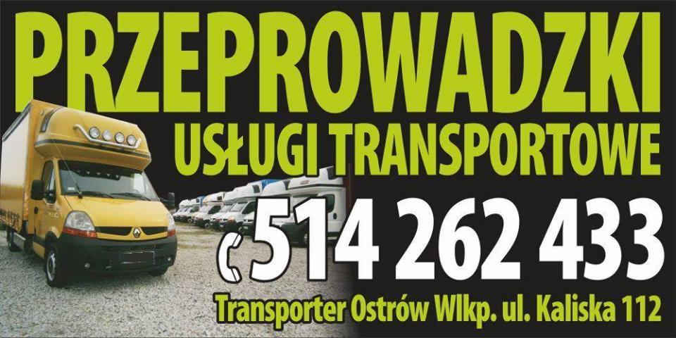 Żółty bus z napisem 'Przeprowadzki' i numerem telefonu na czarnym tle. Reklama usług transportowych w Ostrów Wlkp. z adresem.