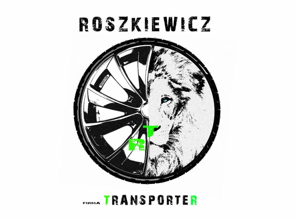 Grafika firmy transportowej: połowa koła samochodowego, połowa głowy lwa, napis 'Roszkiewicz Transporter' w zieleni.