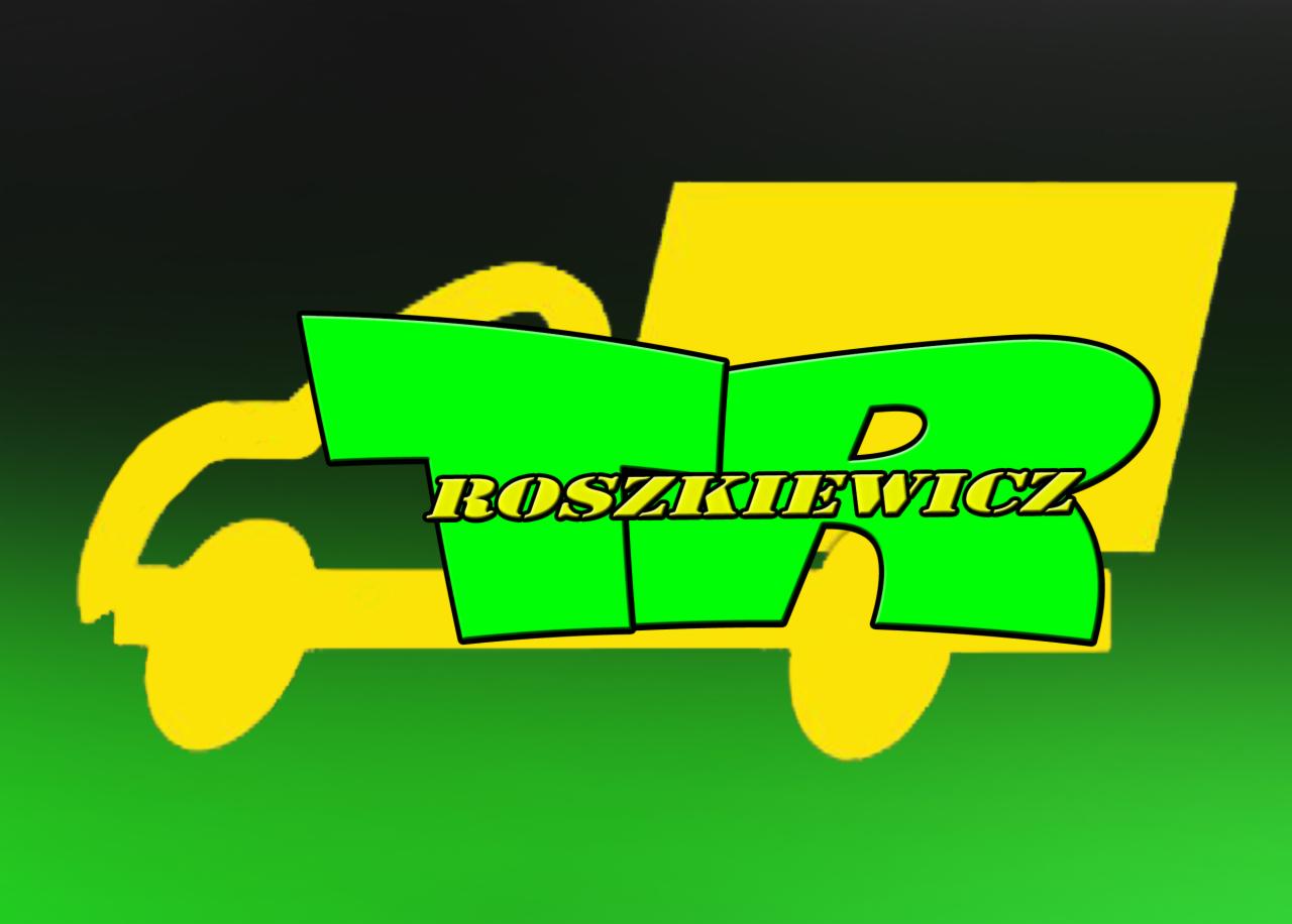 Grafika z logotypem firmy transportowej 'TR Roszkiewicz' na tle żółtego konturu samochodu dostawczego, gradientowe tło w odcieniach zieleni i czerni.