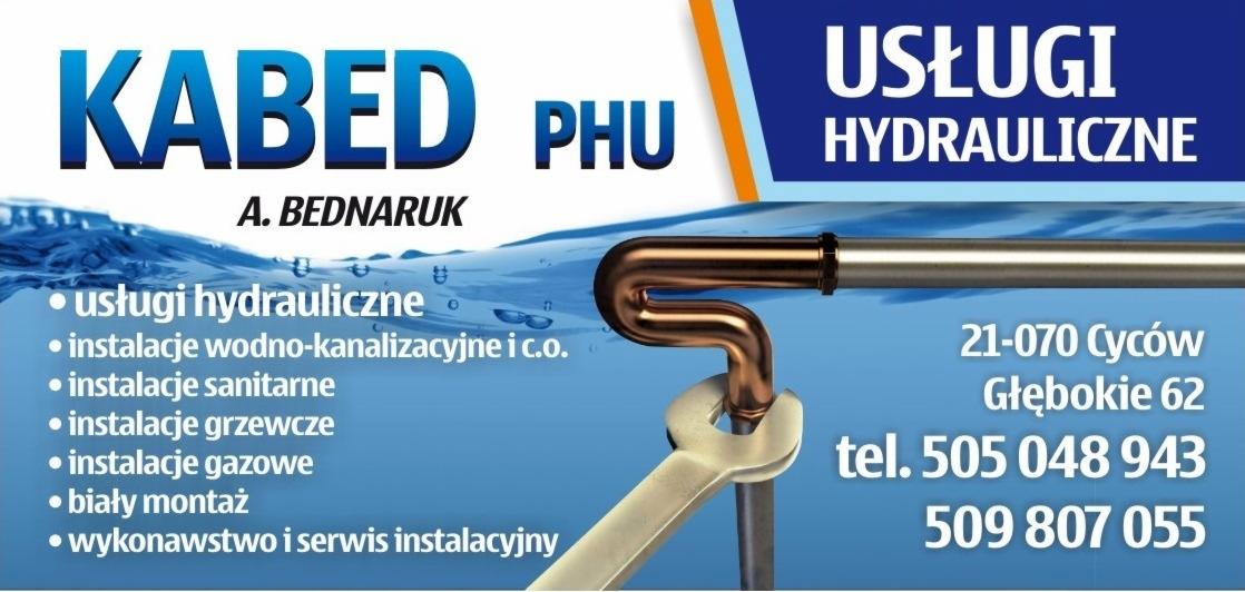 Grafika reklamowa usług hydraulicznych: miedziane rury, klucz, adres i numery telefonów firmy KABED PHU A. Bednaruk. Instalacje wod-kan, sanitarne, grzewcze i gazowe.