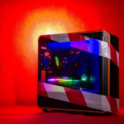 Komputer stacjonarny z przezroczystą obudową, owinięty taśmą ostrzegawczą w biało-czerwone paski, podświetlony na niebiesko i zielono, na czerwonym tle.